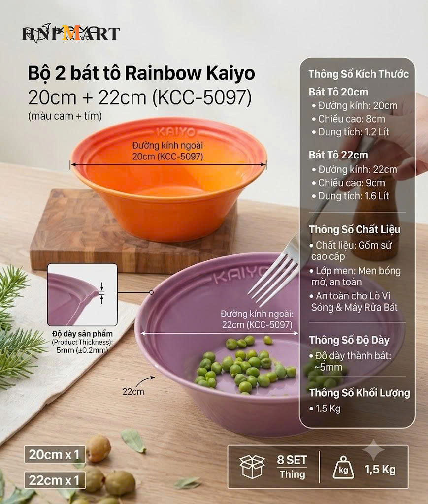Bộ 2 Bát Tô Rainbow Kaiyo, Size 20, 22Cm (Màu Cam, Tím) - Ảnh 5
