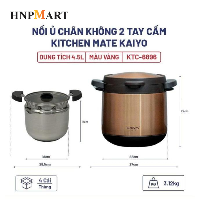 Nồi Ủ Chân Không Kaiyo 2 Tay Cầm Màu Vàng 4,5 Lít