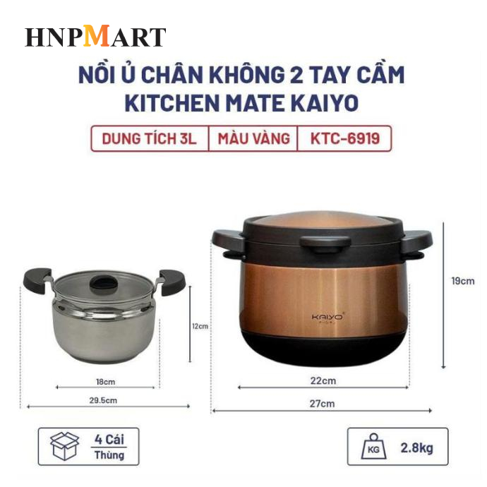 Nồi Ủ Chân Không Kaiyo 2 Tay Cầm Màu Vàng 3 Lít