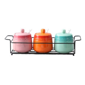Set 3 hũ gốm sứ đựng gia vị Rainbow Kaiyo, dung tích 300ml có giá đỡ đi kèm