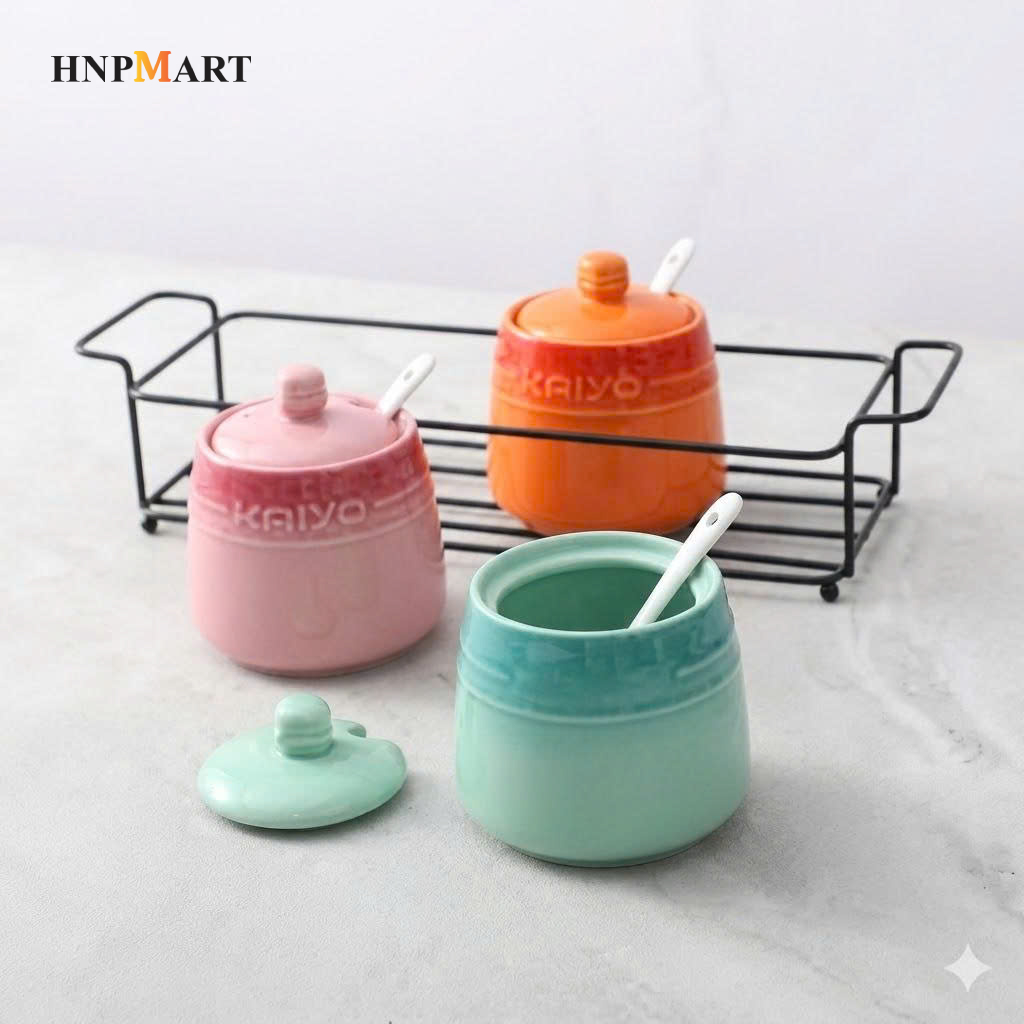 Set 3 hũ gốm sứ đựng gia vị Rainbow Kaiyo, dung tích 300ml có giá đỡ đi kèm - Ảnh 4