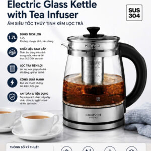 Ấm Siêu Tốc Thuỷ Tinh Kèm Lõi Lọc Trà Kaiyo 1,7L, model KEK-062