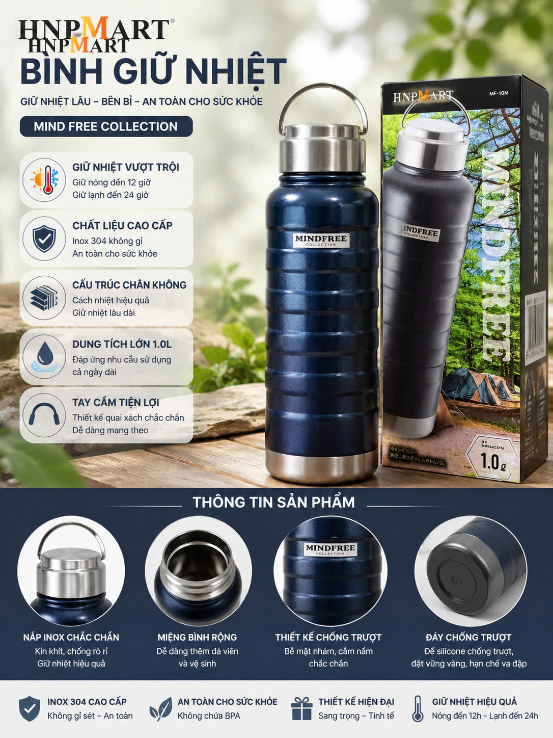 Bình Giữ Nhiệt Inox 304 Có Quai Xách Mind Free 1L - Ảnh 4