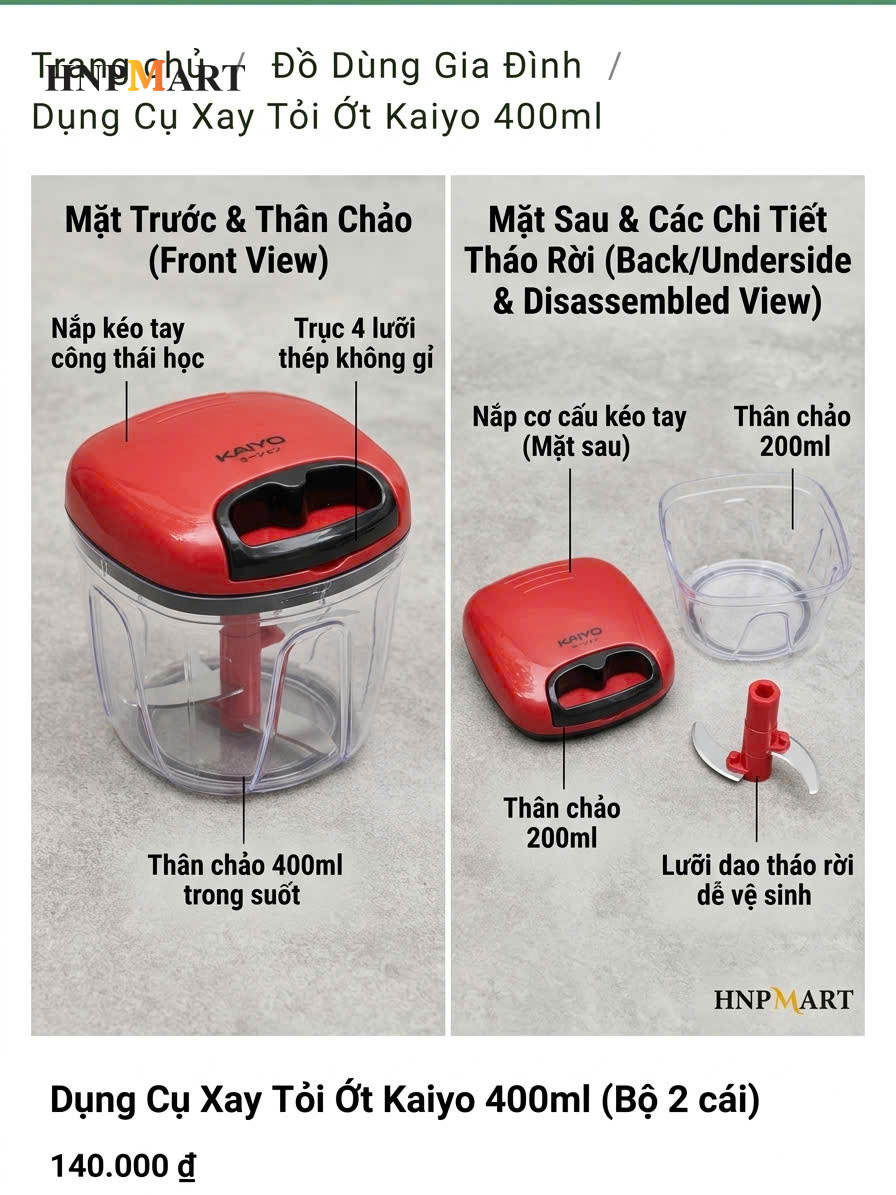 Dụng Cụ Xay Tỏi Ớt Kaiyo 400ml - Ảnh 2