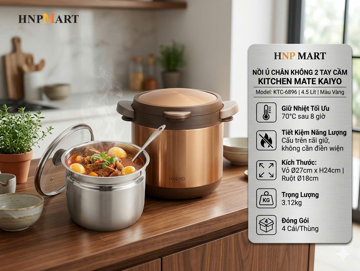 Nồi Ủ Chân Không Kaiyo 2 Tay Cầm Màu Vàng 4,5 Lít - Ảnh 3