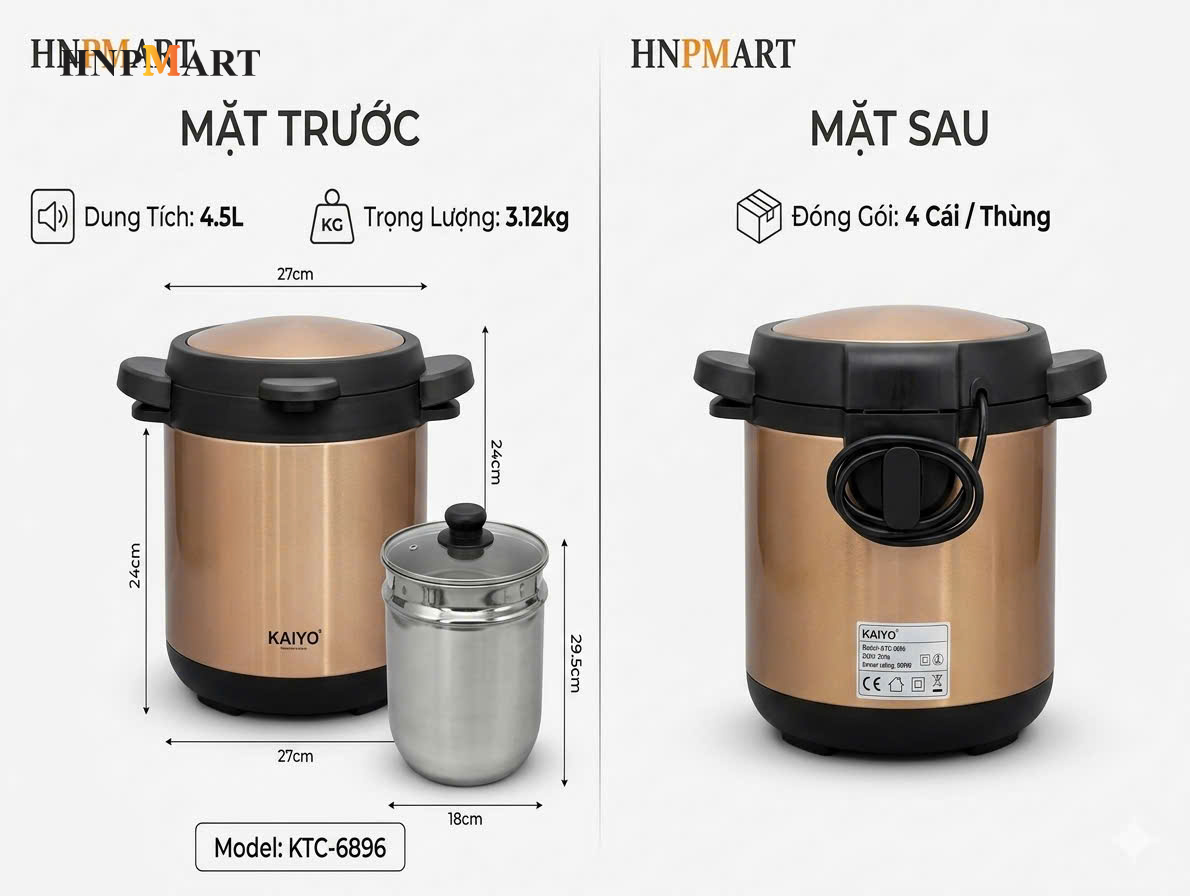 Nồi Ủ Chân Không Kaiyo 2 Tay Cầm Màu Vàng 4,5 Lít - Ảnh 2
