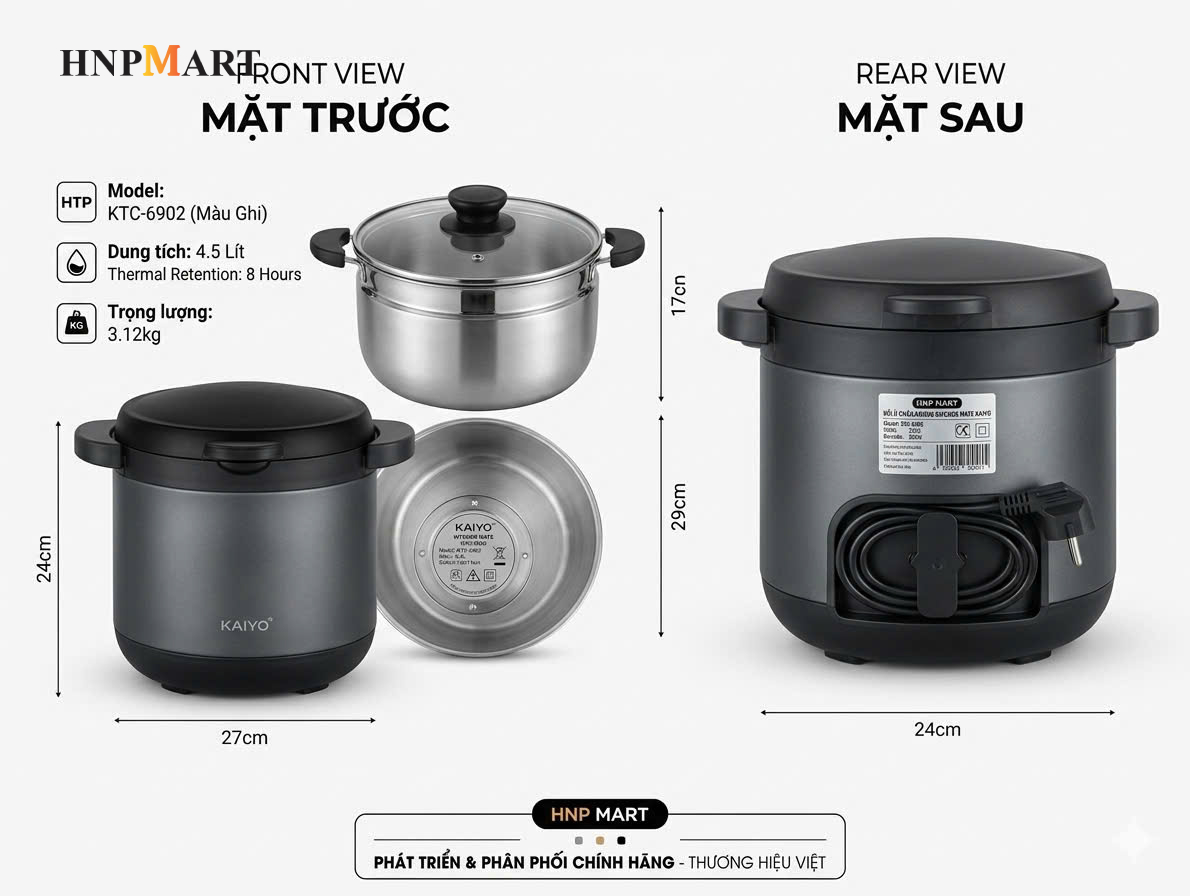 Nồi Ủ Chân Không Kaiyo 2 Tay Cầm Màu Ghi 4,5 Lít - Ảnh 2