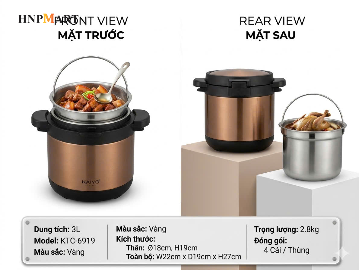 Nồi Ủ Chân Không Kaiyo 2 Tay Cầm Màu Vàng 3 Lít - Ảnh 3
