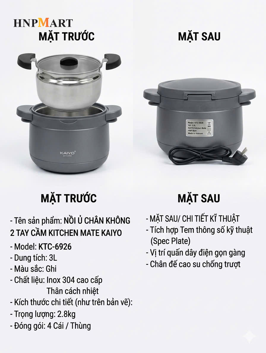 Nồi Ủ Chân Không Kaiyo 2 Tay Cầm Màu Ghi 3 Lít - Ảnh 3