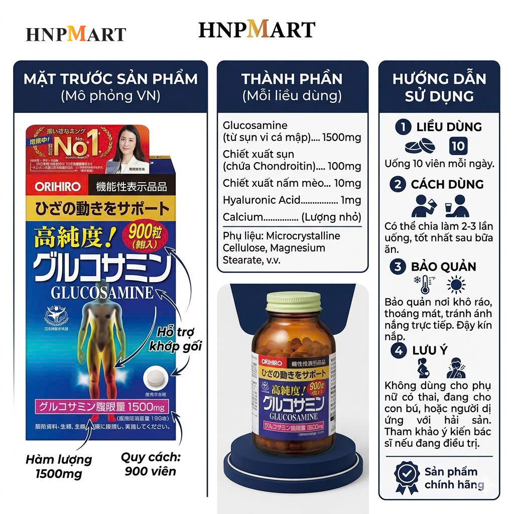 Viên uống bổ xương khớp Glucosamine Orihiro Nhật Bản 900 viên - Ảnh 3