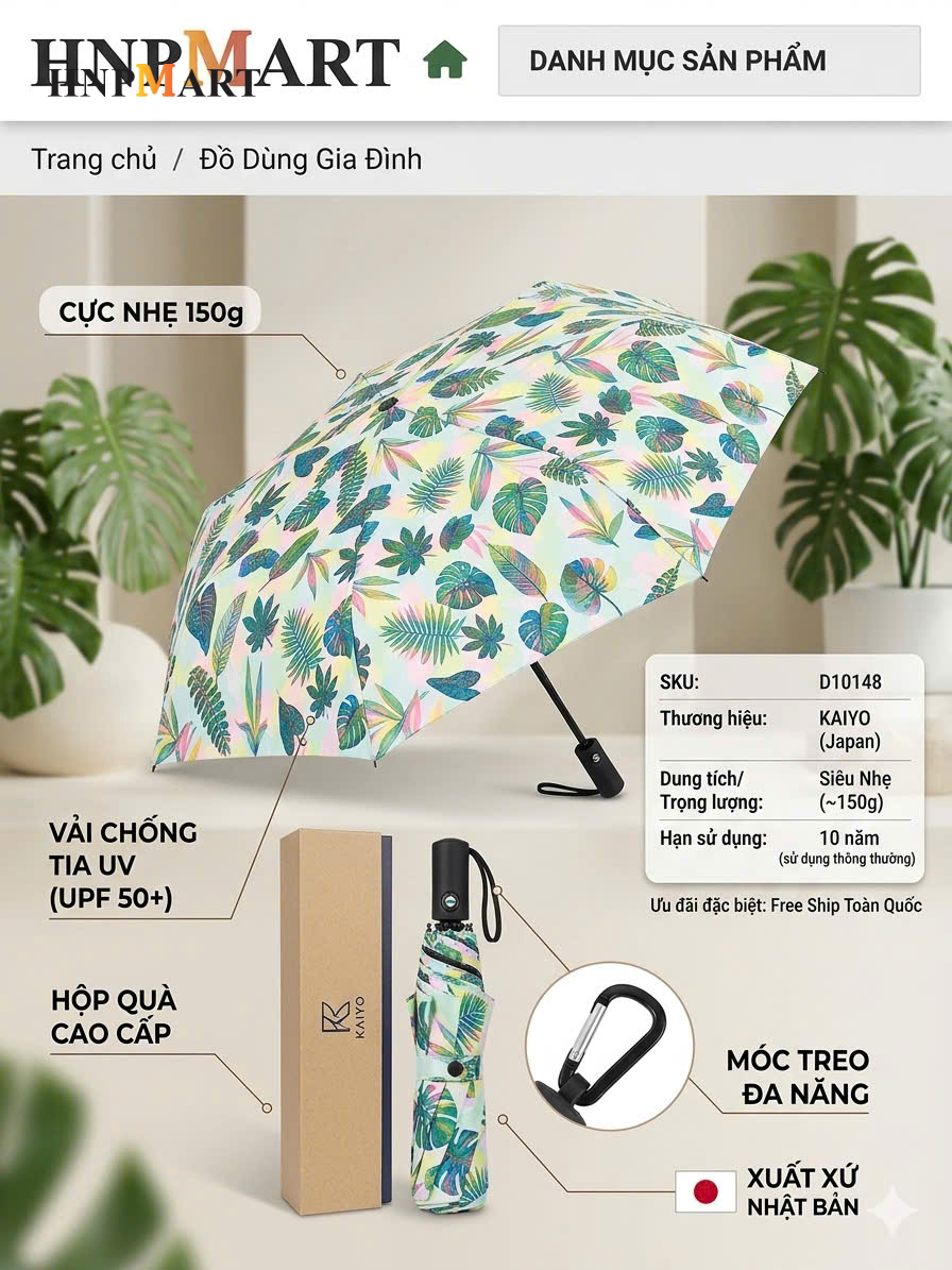 Ô Gấp Gọn Siêu Nhẹ Có Móc Treo Kaiyo, Hình Lá Cây Nhiệt Đới (Lá To) - Ảnh 2