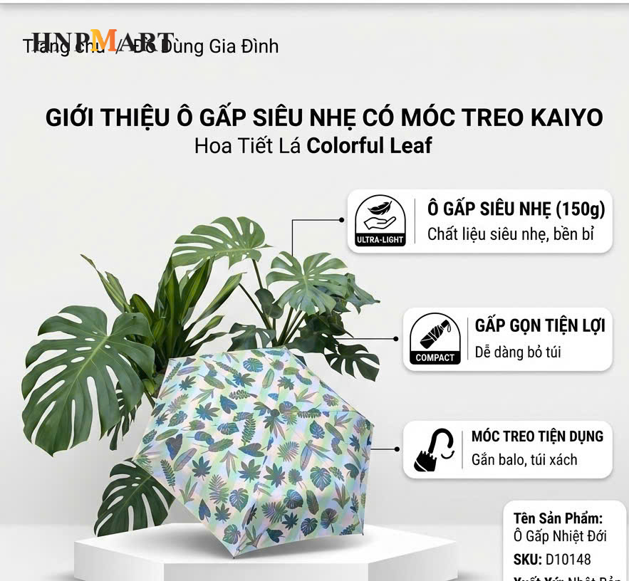 Ô Gấp Gọn Siêu Nhẹ Có Móc Treo Kaiyo, Hình Lá Cây Nhiệt Đới (Lá To) - Ảnh 3