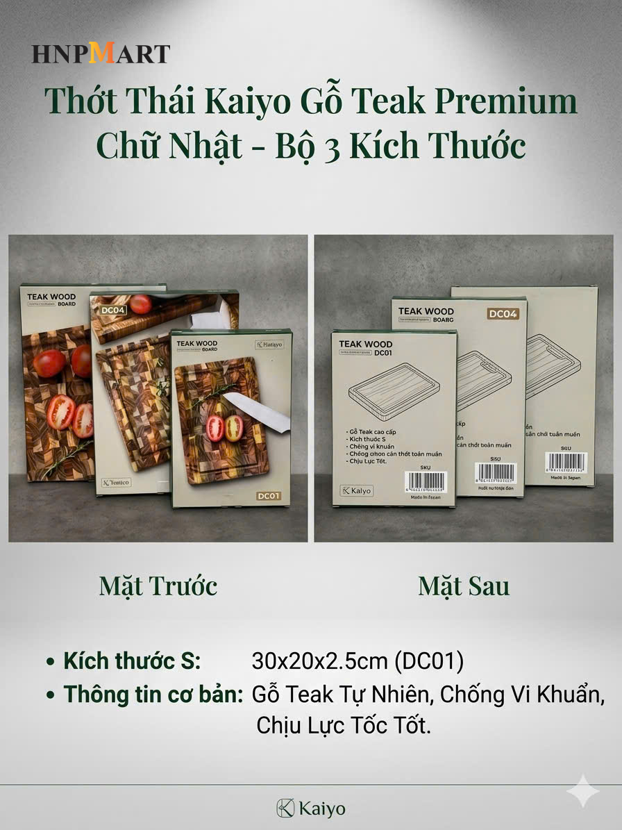 Thớt Thái Kaiyo Gỗ Teak Premium Chữ Nhật DC01 Size S (30x20x2.5cm) - Ảnh 2
