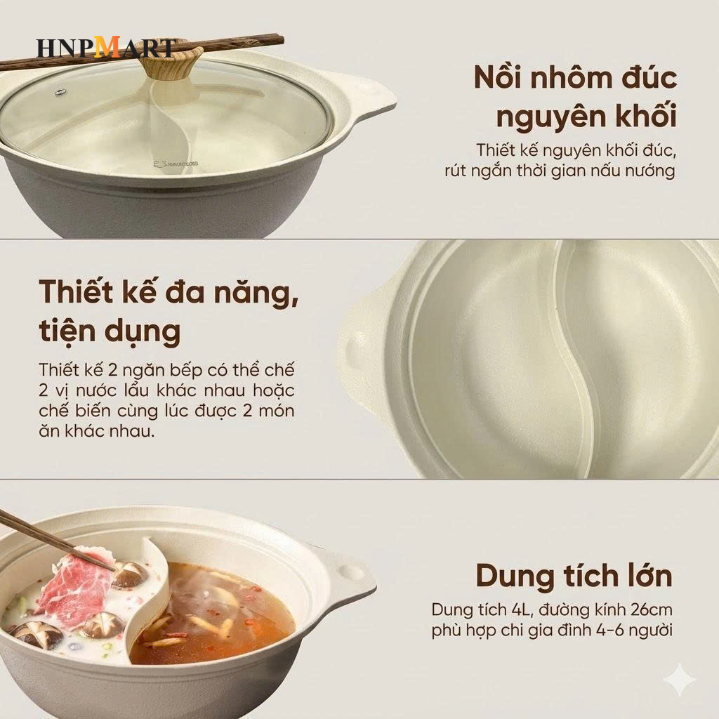 Nồi Lẩu Nhôm Đúc Nguyên Khối 2 Ngăn Kaiyo 26cm - Ảnh 6